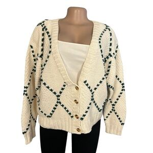 Milano Vintage Cream and Green Hand Knit Diamond Cardigan